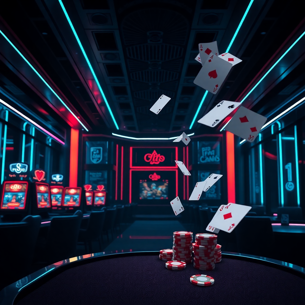 dark futuristic casino interior with neon lights, poker chips and cards floating, cyberpunk style